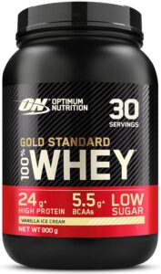 Optimum Nutrition Gold Standard 100% Whey, Proteína en Polvo para Recuperacíon y Desarrollo Muscular con Glutamina Natural y Aminoácidos BCAA, Sabor Helado de Vainilla, 30 Dosis, 900 g