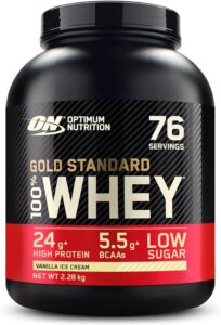 Optimum Nutrition Gold Standard 100% Whey, Proteína en Polvo para Recuperacíon y Desarrollo Muscular con Glutamina Natural y Aminoácidos BCAA, Sabor Helado de Vainilla, 76 Dosis, 2.28 kg